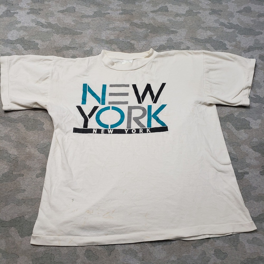 VTG Blue Wave New York Shirt Mens Large White 90s Short Sleeve Single Stitch
